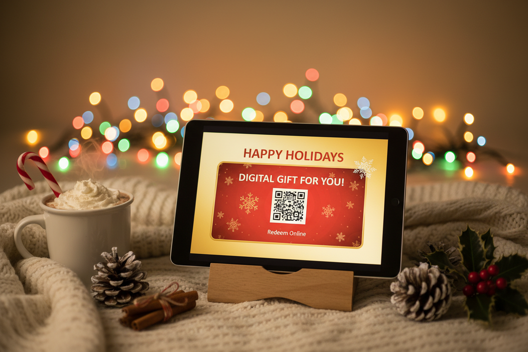 e gift card being delivered , warm, Christmas lights